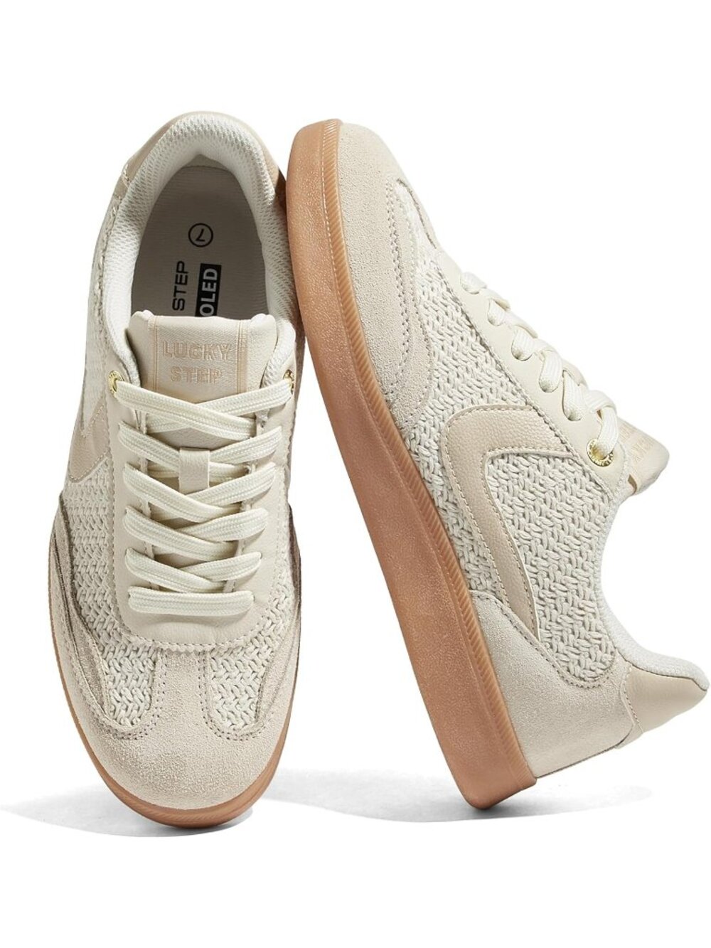 Women's Beige-Cotton Faux Leather Non Slip Round Toe Flat Heel Classic Sneaker